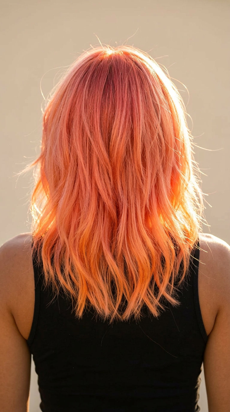 long apricot ombre hair with peachy pink to vibrant apricot, color melt — playful festival style