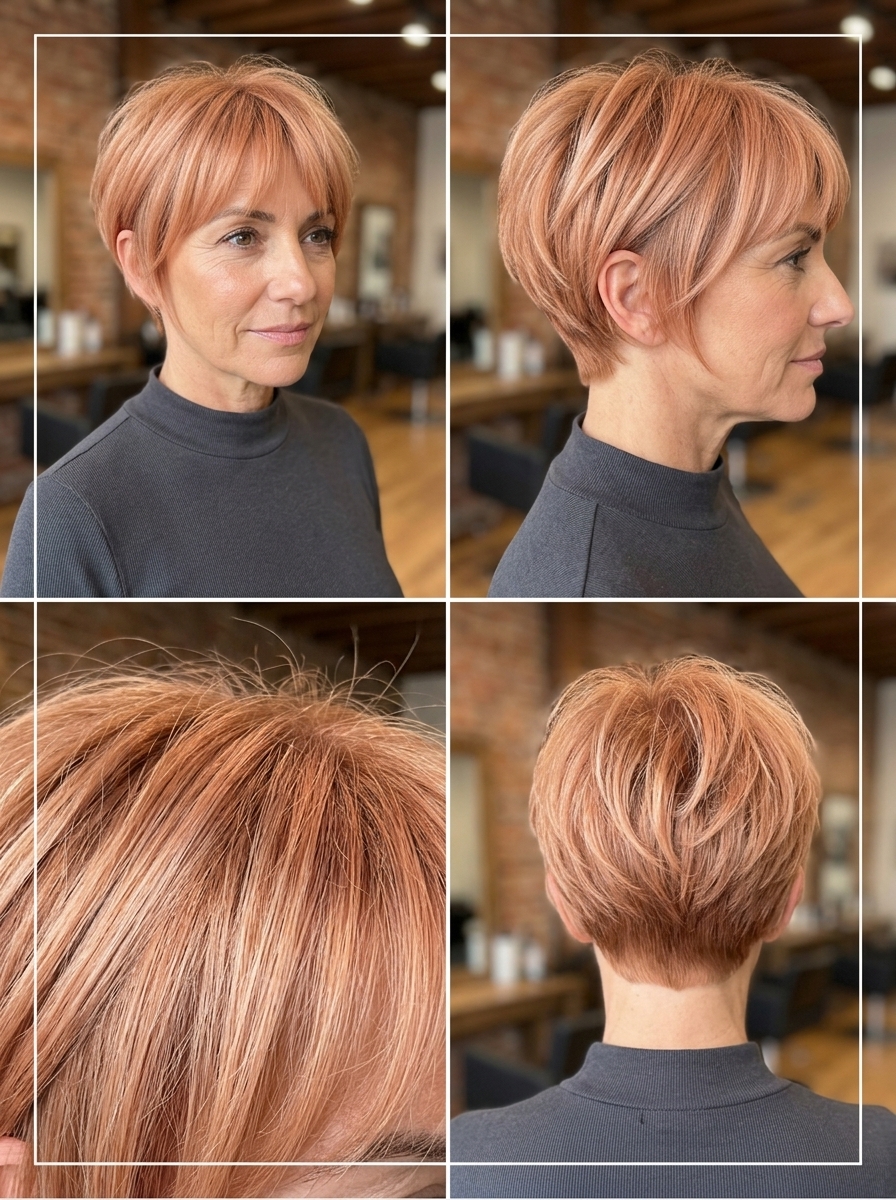 Apricot Crush Pixie Haircut 2026 short apricot pixie haircut with peachy undertones, textured layers, wispy fringe — youthful effortless