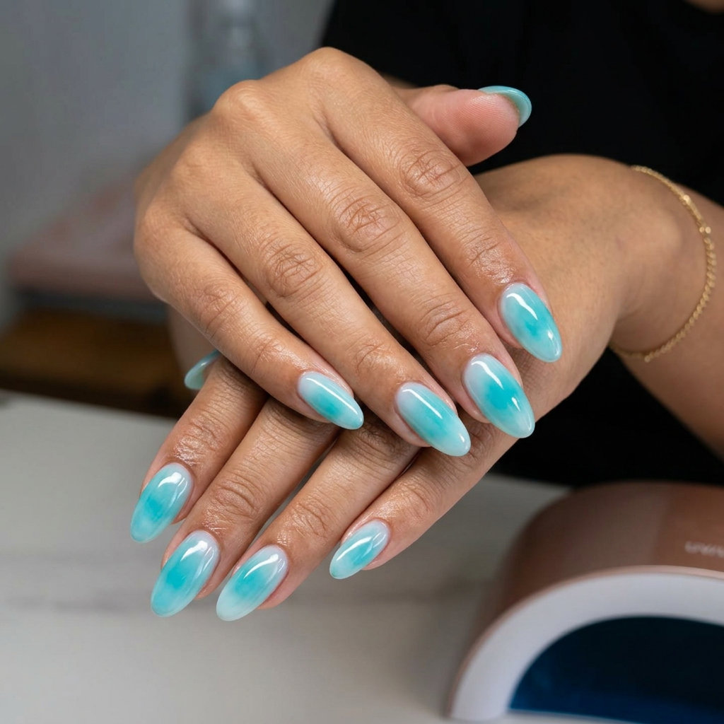 Aqua aura dream nails with vivid turquoise and soft white blend for serene tropical nail designs 2026. Ideal for vacation.