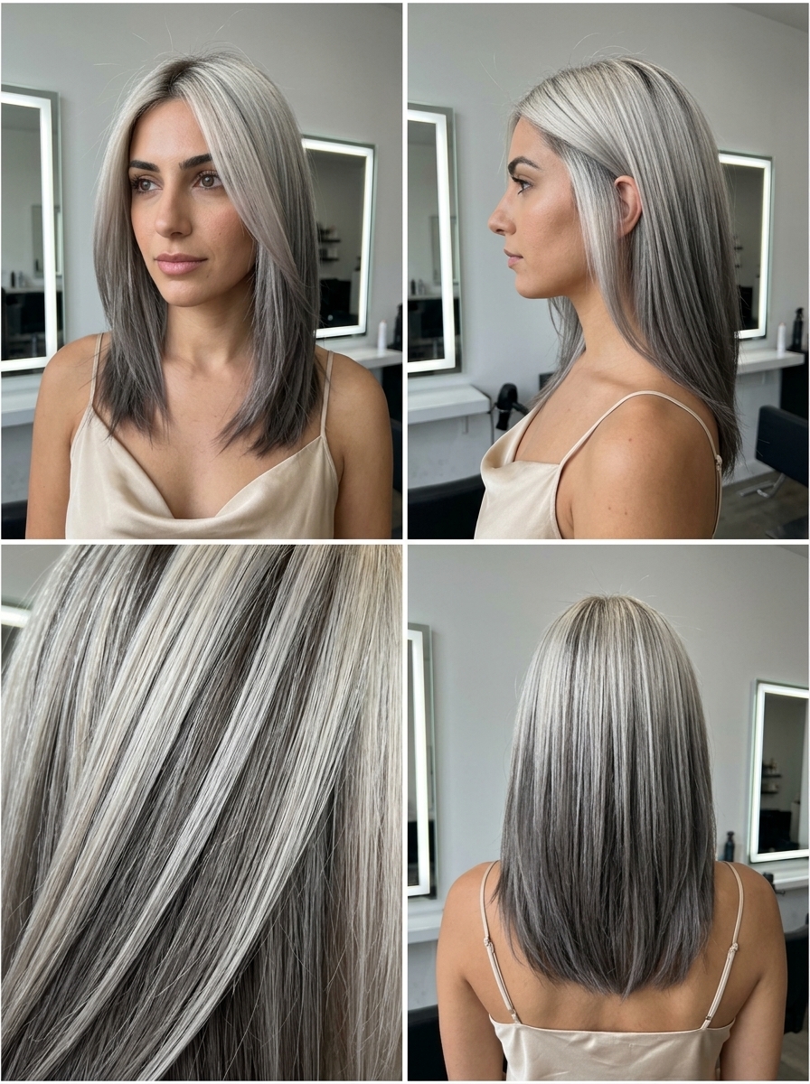 short arctic ash blonde reverse dimension with silver smoke ends, reverse balayage — bold edgy music festival