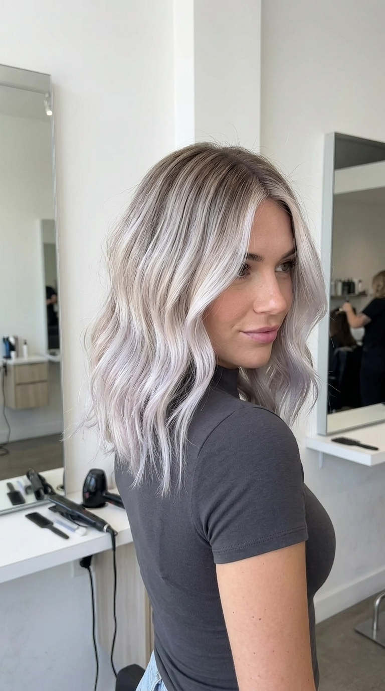 shoulder-length blunt lob ash blonde with arctic platinum color, balayage, no fringe — bold