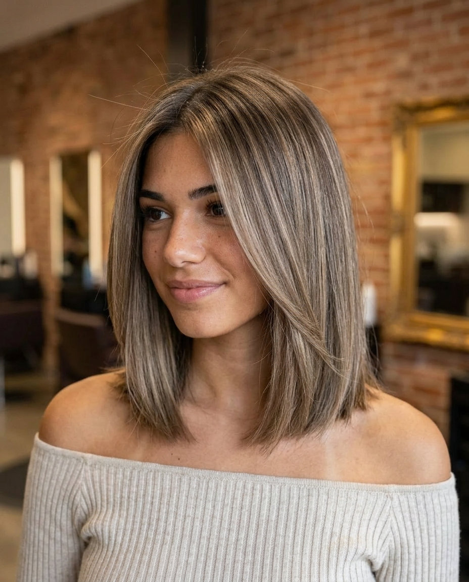 shoulder-length neutral ash beige bronde with babylights for sophisticated minimalism