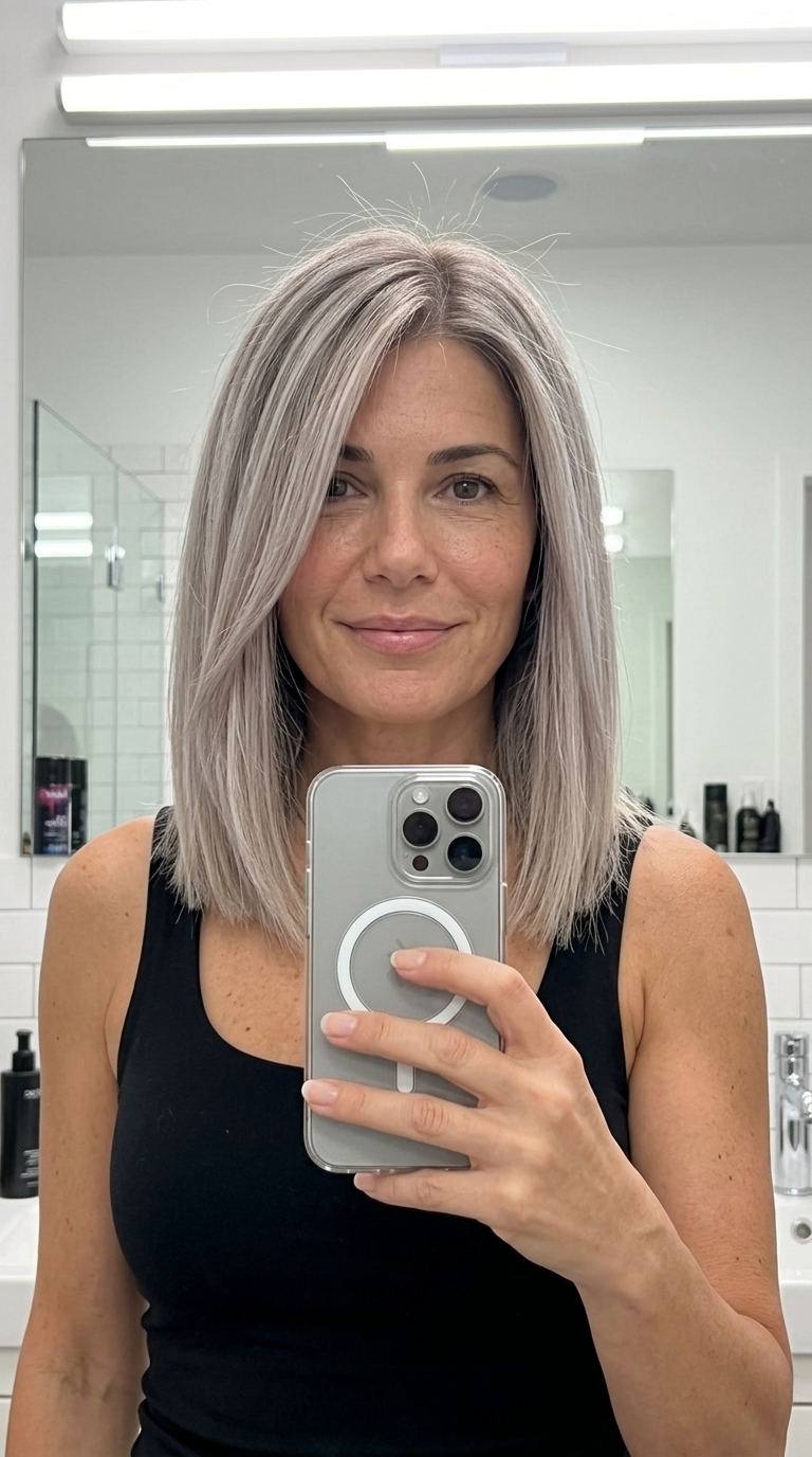 Cool Ash Blonde Lob 2026: Chic Summer Haircut for Women Over 50 collarbone-length blunt bob haircut in cool ash blonde with beige root smudge, deep side part, for professional settings