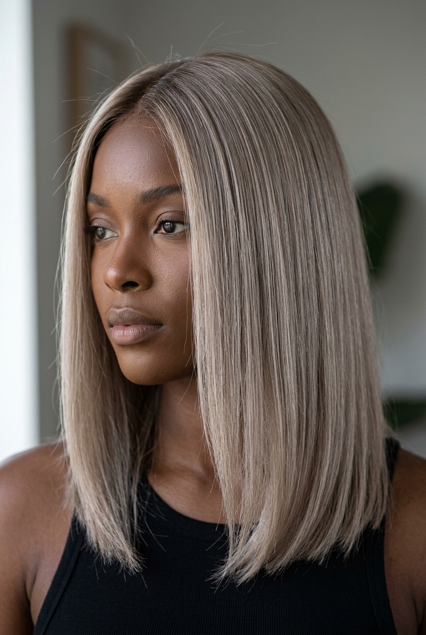 long ash blonde balayage with cool beige, natural root, and subtle layers for professional settings