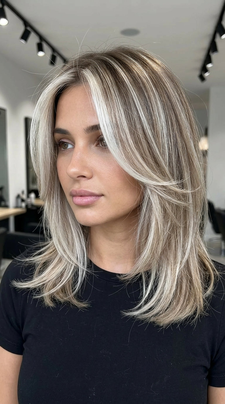 long layered ash blonde face-framing highlights with icy ash, foil highlights — bold illuminating date night