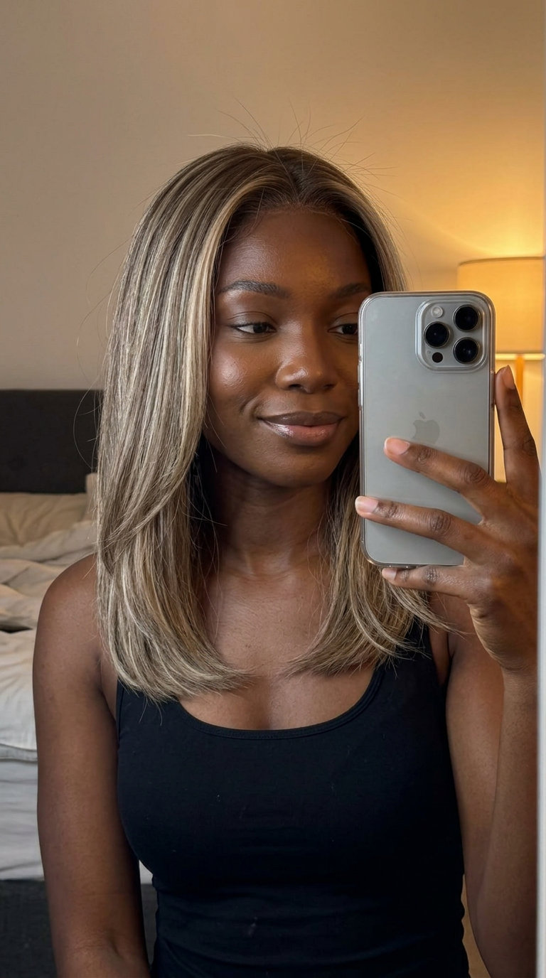 long soft blunt midi ashy beige bronde with cool ash blonde, babylights, no fringe — minimalist, effortless