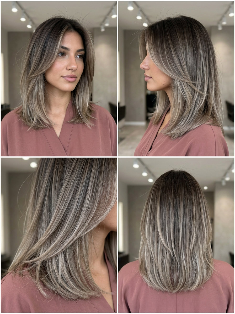 long ash blonde ombré highlights with mushroom brown transition, cool brunette base — sophisticated professional look