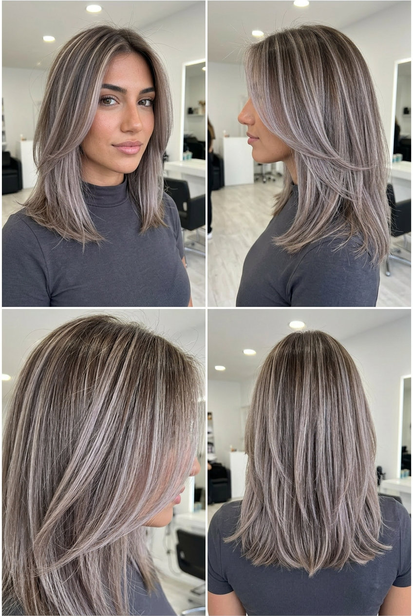 long ash blonde shadow root highlights on natural brunette with cool taupe for professional