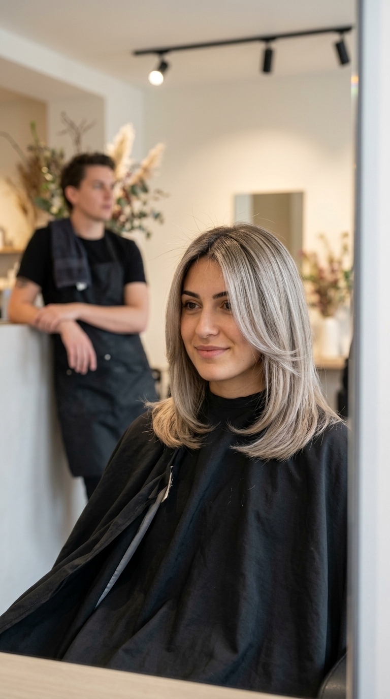 medium C-cut haircut in ash blonde with icy babylights and charcoal root, no fringe — romantic summer date night