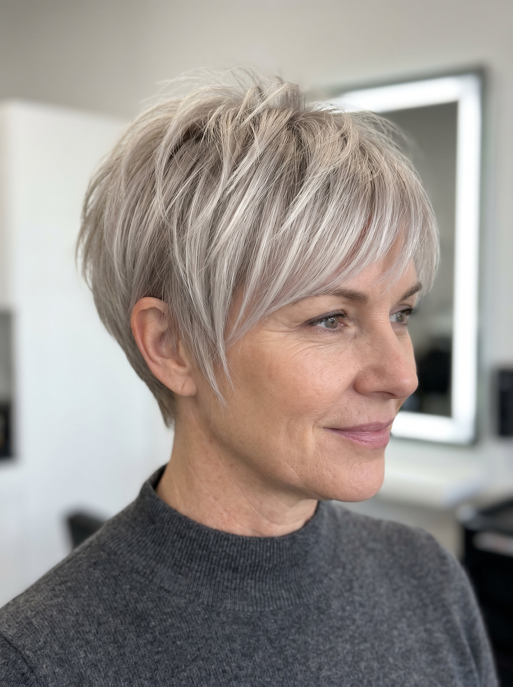 short pixie haircut with ash blonde and silver undertones, cool root shadow, razored layers, wispy fringe — effortless modern chic