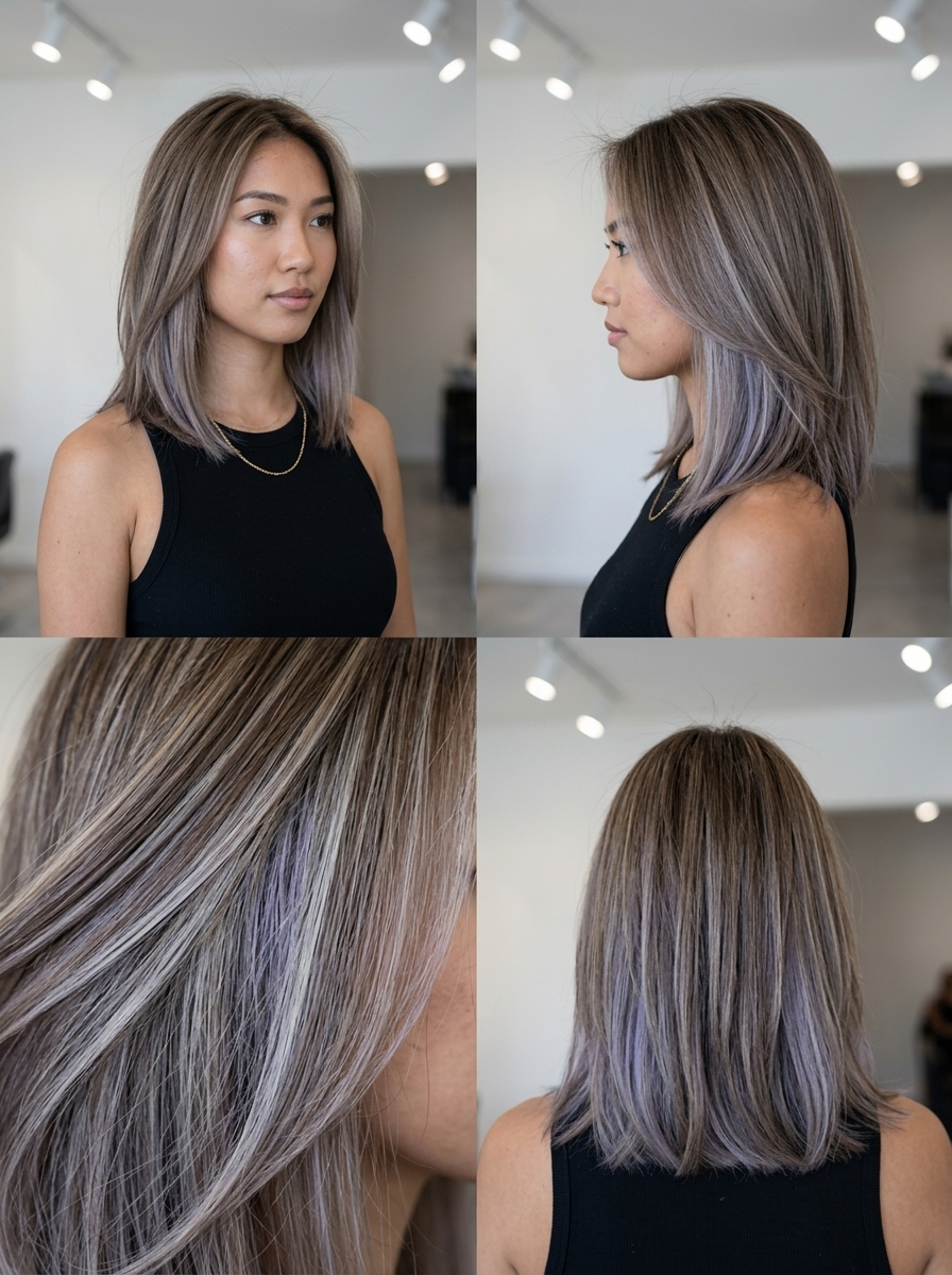 shoulder-length razored bob ash blonde with peekaboo color, hidden panels, no fringe — playful
