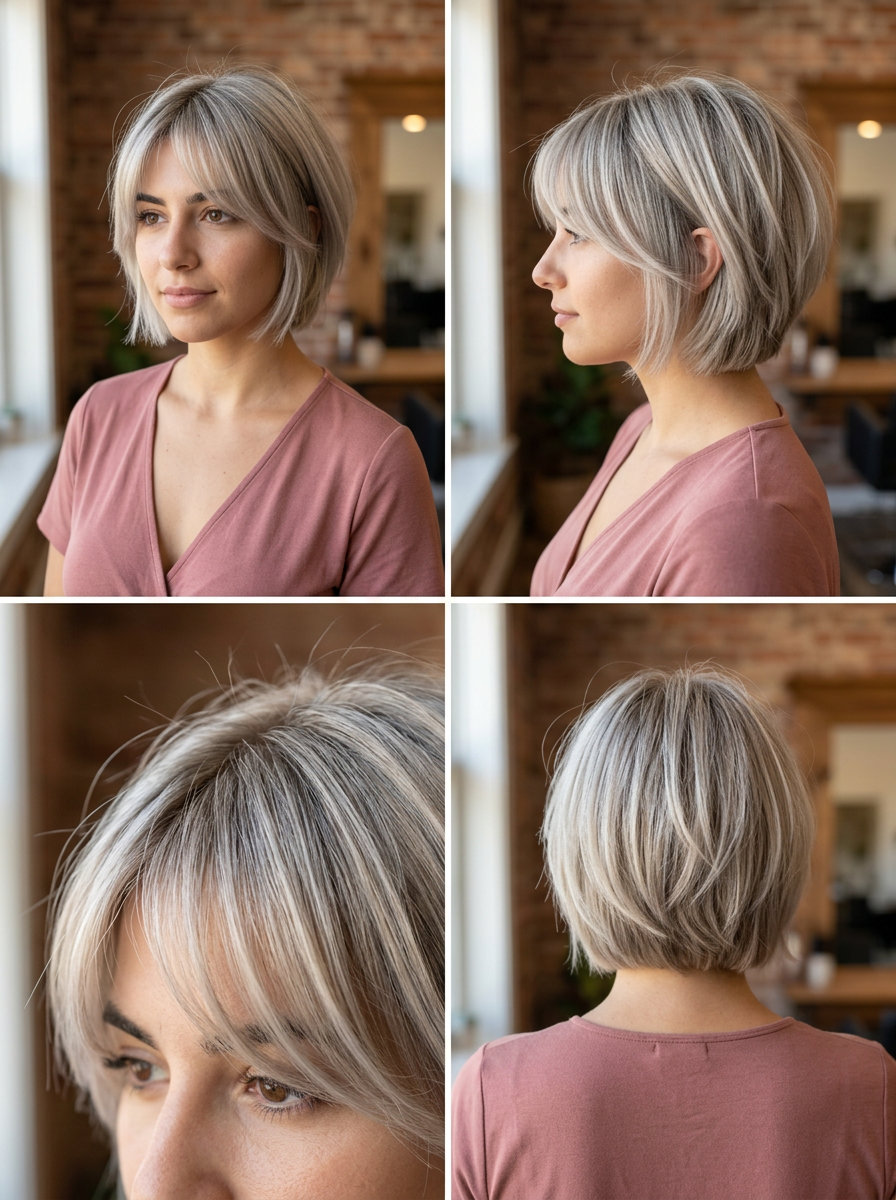 shoulder-length butterfly haircut with soft fringe in cool ash blonde, silver undertones, playful mood