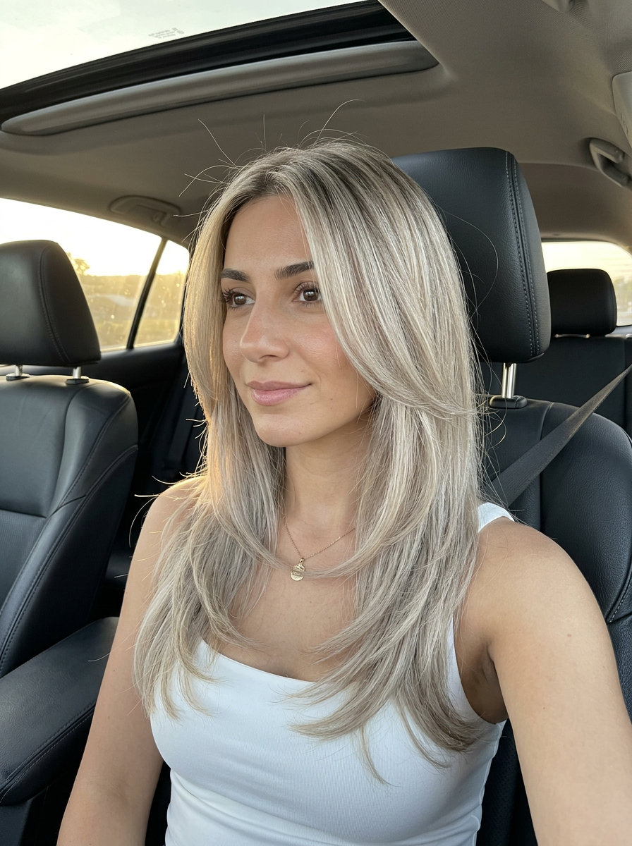 waist-length butterfly haircut in ash blonde with cool babylights, diffused root, sophisticated mood