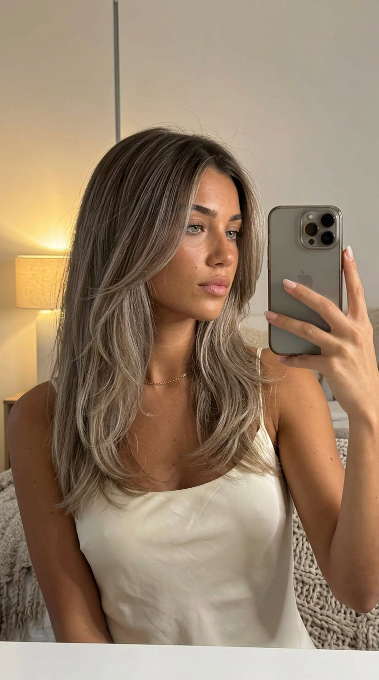 long haircut with soft layers in cool ash-brown to muted ash blonde ombré for round faces