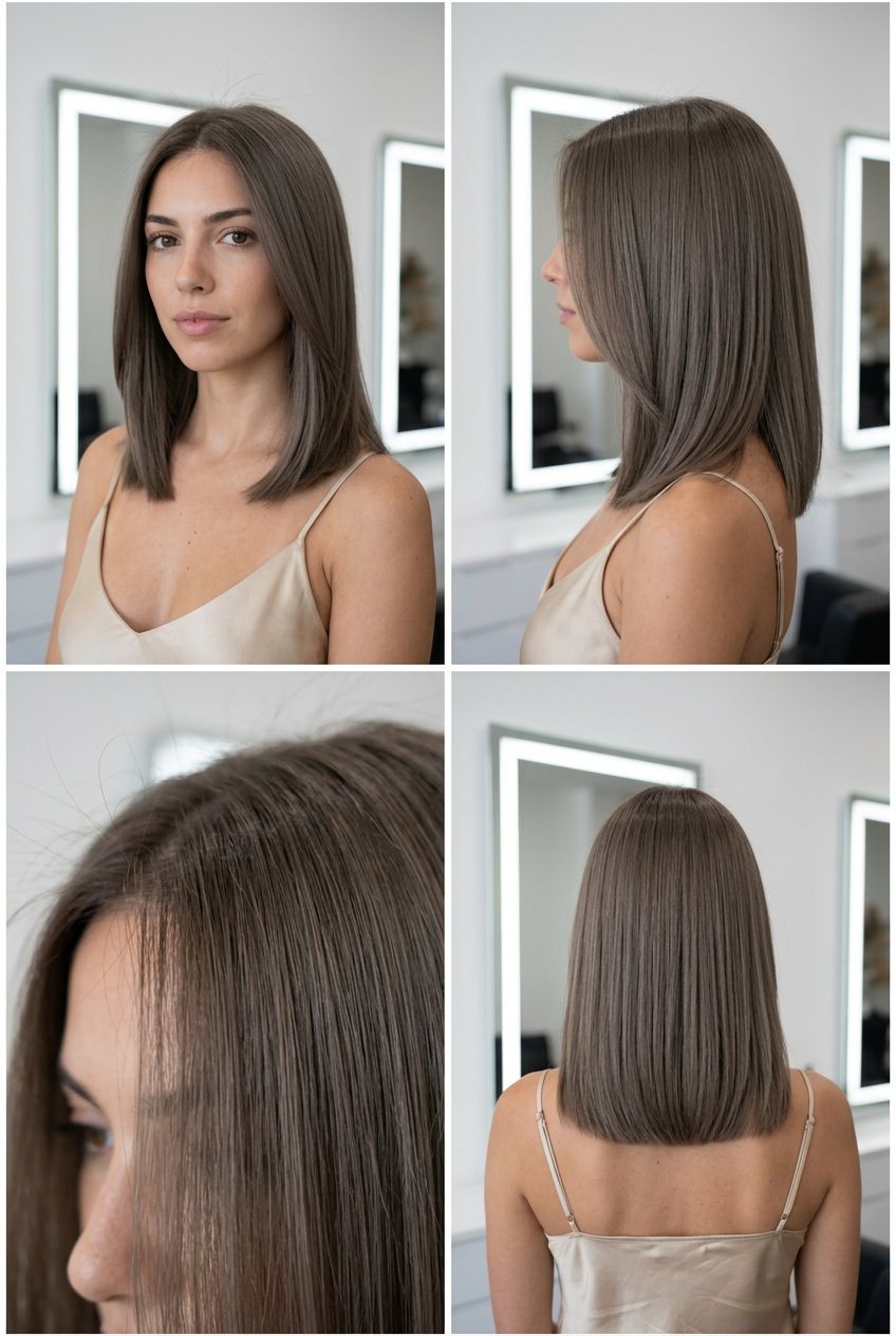 long cool ash brown hair with all-over color, matte finish, no fringe — sophisticated