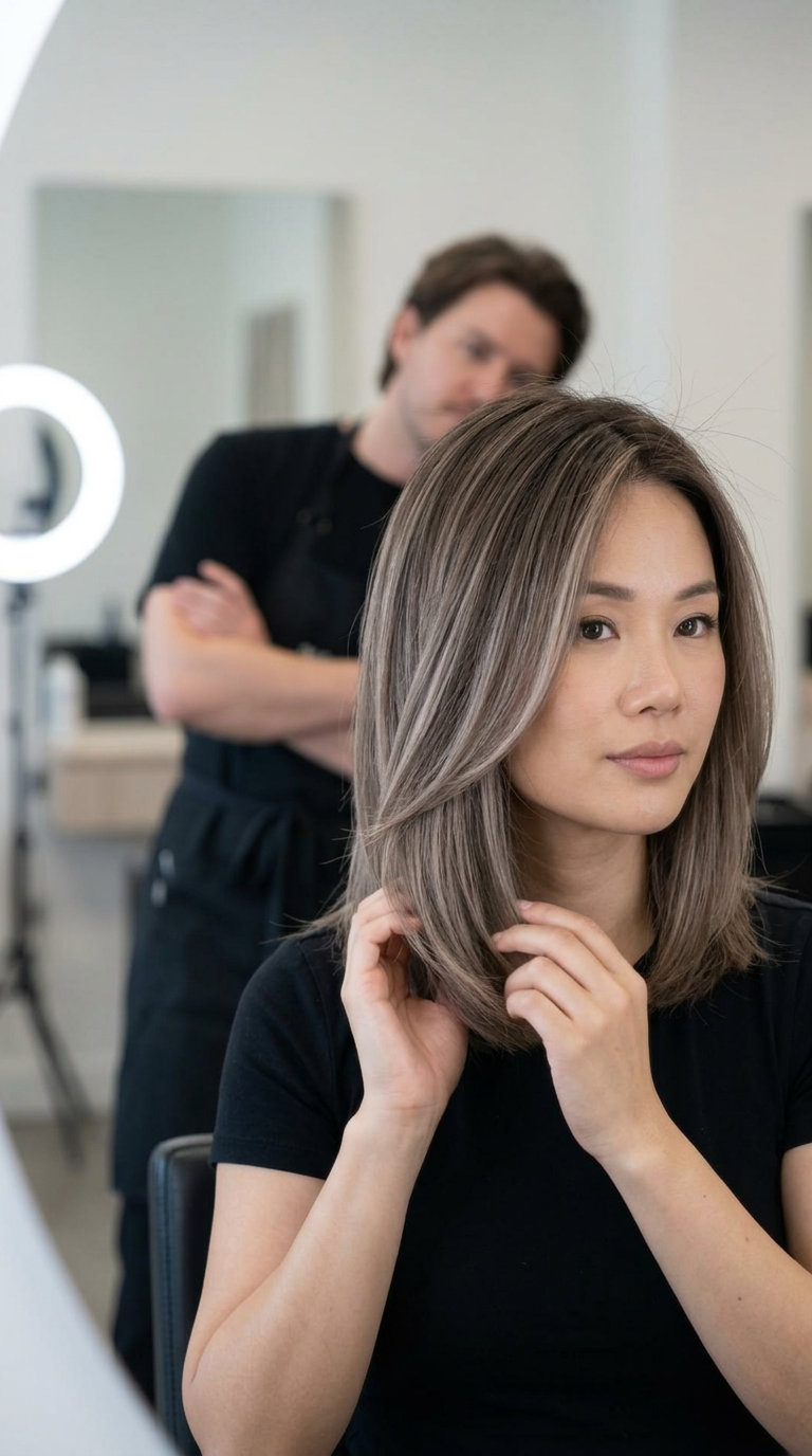 long ash brown balayage with cool beige/taupe babylights for effortless sophistication