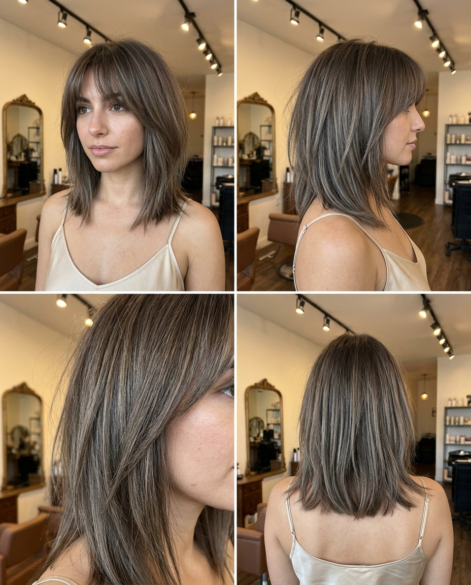 medium lob haircut with ash brown & charcoal lowlights, point-cut texture, wispy bangs — edgy, effortless