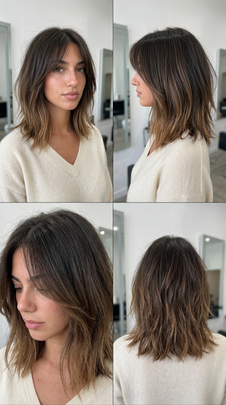 medium textured lob haircut in deep ash brown with faded caramel ends for edgy style