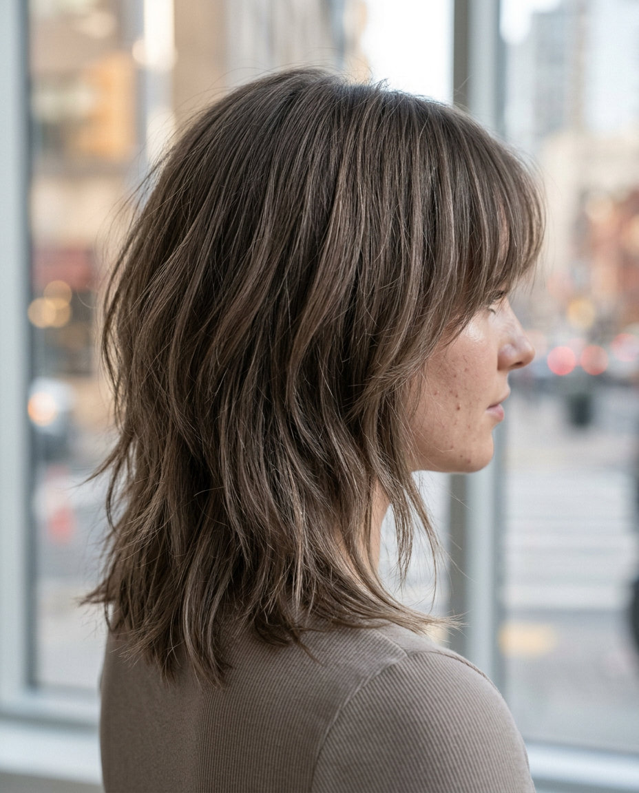 medium ash brown wolf cut with beige babylights, soft blended layers, wispy fringe — polished, subtle