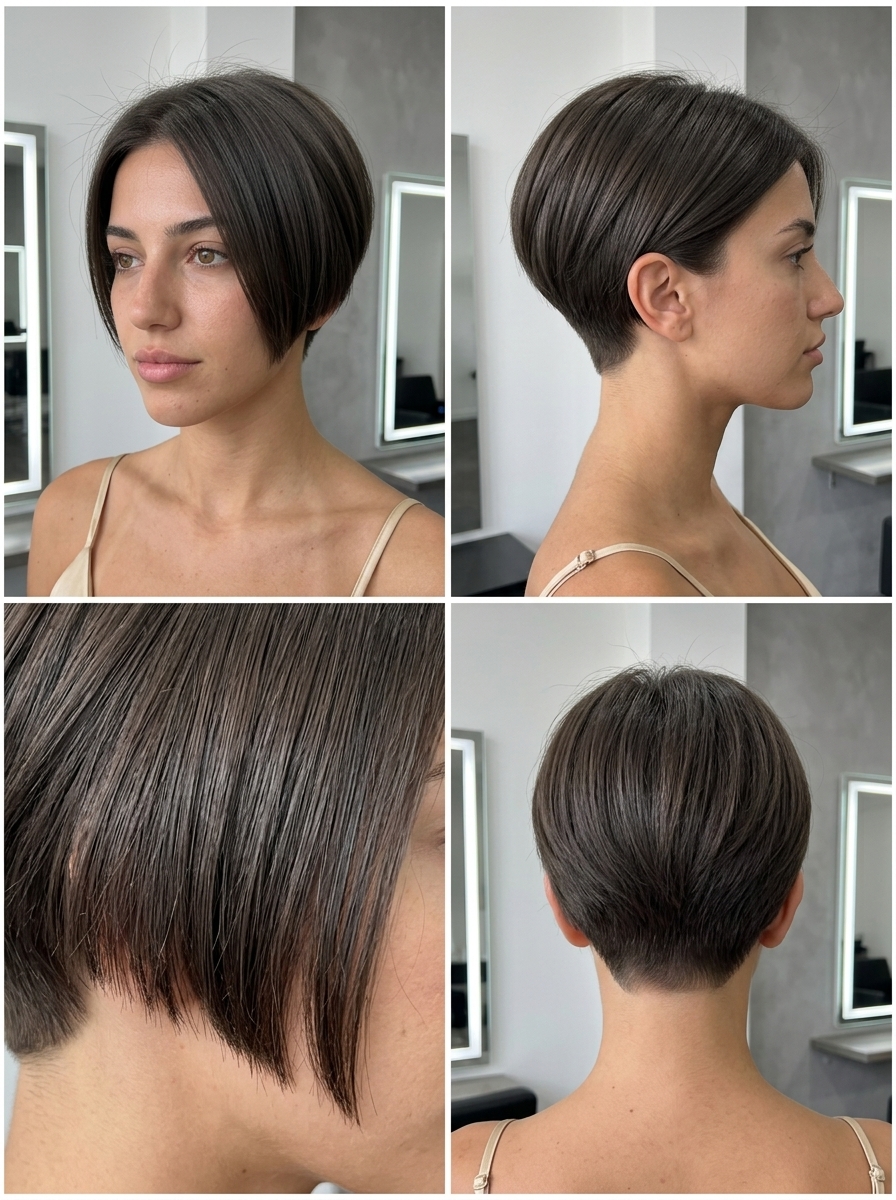 very short pixie haircut in deep ash brown with charcoal undertones, precision blunt cut, sophisticated mood