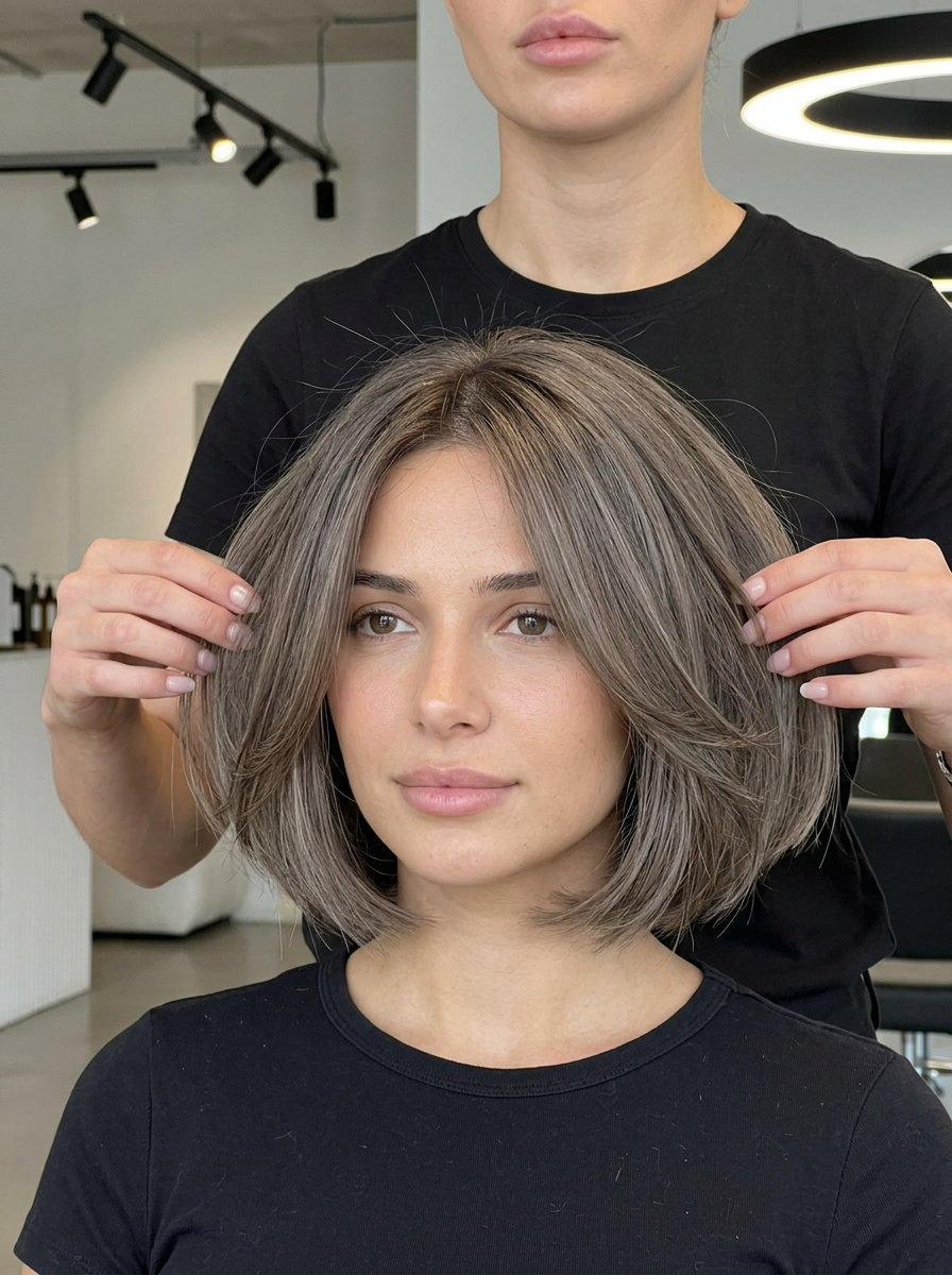 short ash brunette french bob haircut with taupe accents, shattered perimeter, face-framing pieces — minimalist effortless style