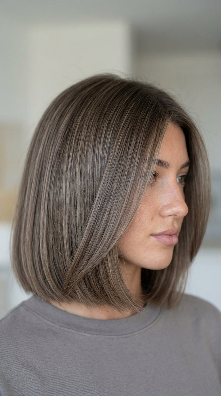chin-length blunt bob balayage with ash brown & mushroom for minimalist sophistication