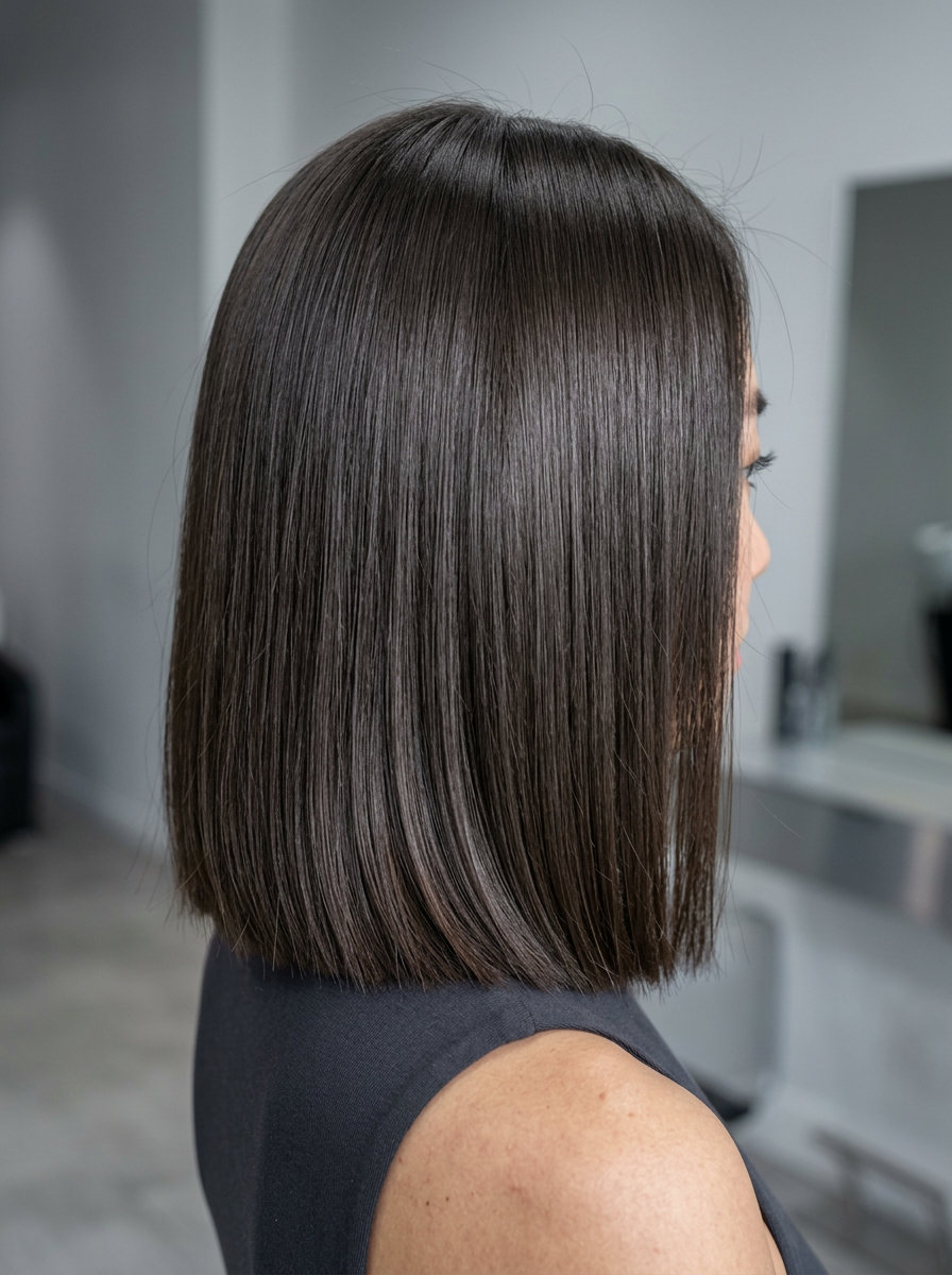 collarbone-length espresso brunette hair color with a blunt perimeter and center part for a sophisticated look