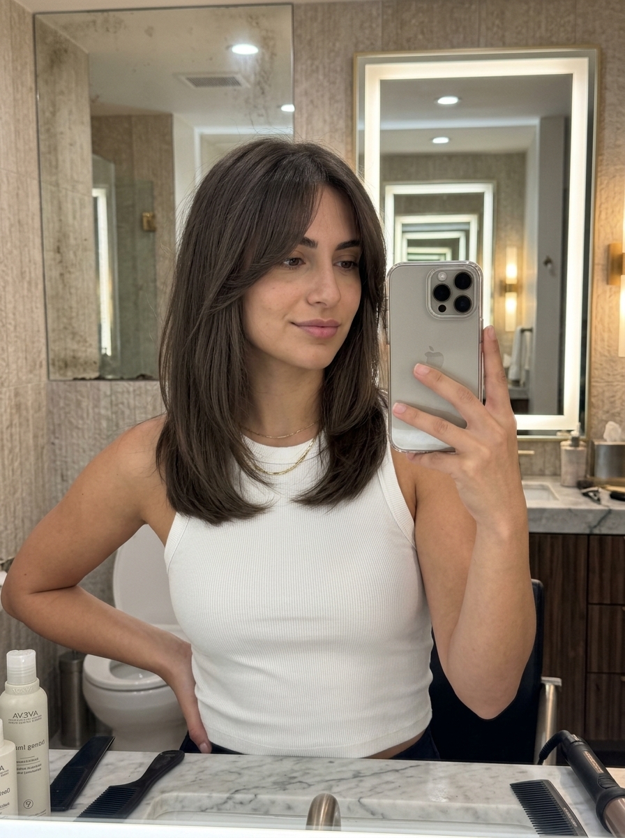 medium-length espresso brunette hair color with wispy internal layers, blended curtain bangs, and V-shaped back for a soft look