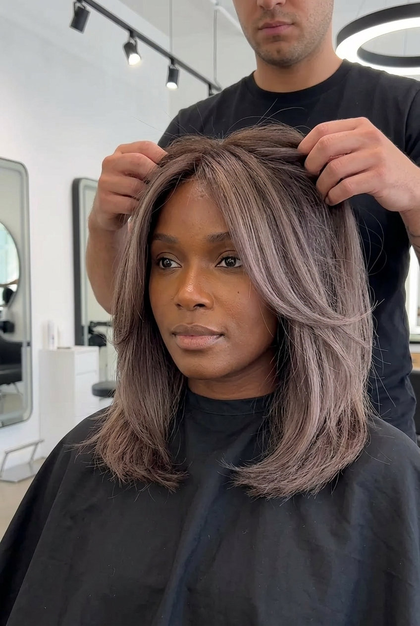 long ash taupe ombre hair with mushroom brown to ash taupe, foilyage — sophisticated daily style