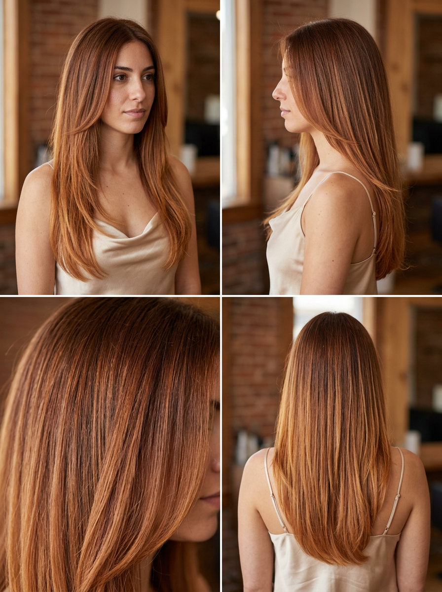 long hair in natural auburn root smudge to sun-kissed copper, blended face-framing layers & soft U-cut back — soft elegant daily style