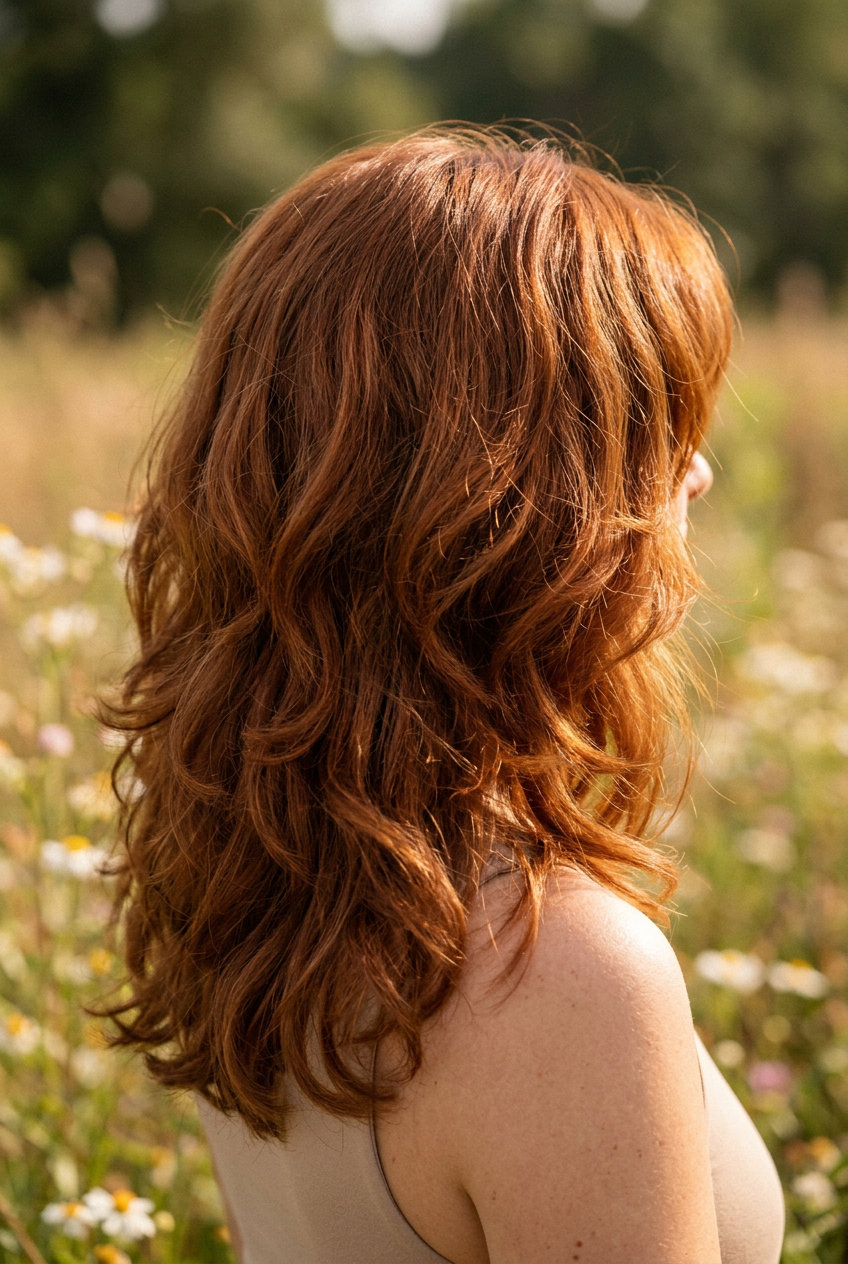 long auburn butterfly haircut with copper highlights and V-cut back for summer 2026