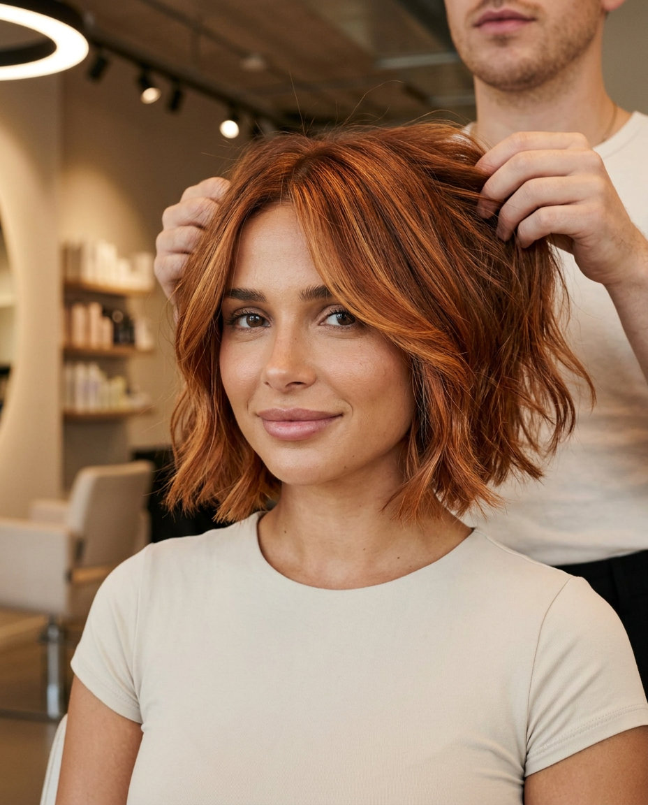 short french bob haircut in auburn with copper highlights, textured piecey ends, retro mood