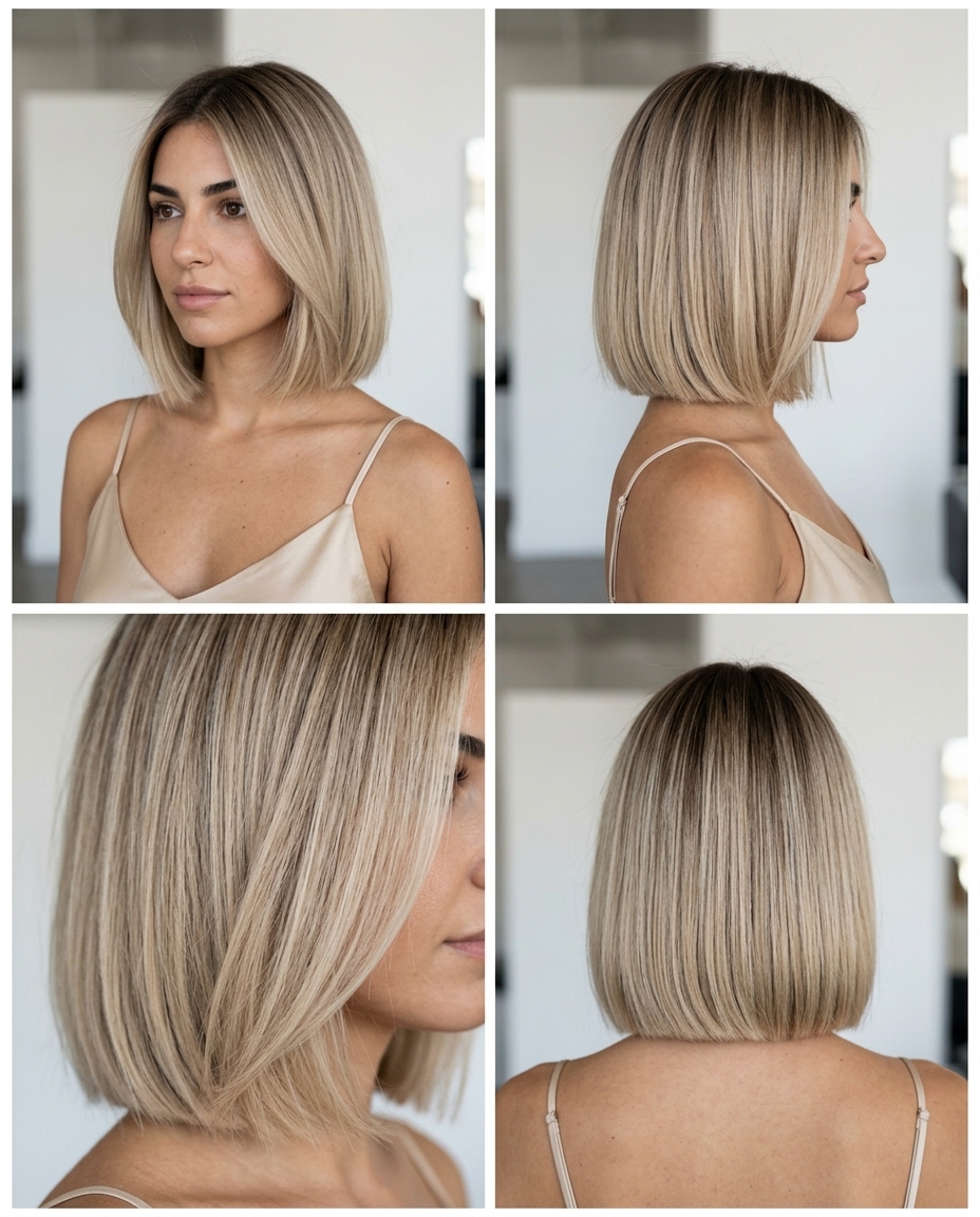 jaw-length blunt bob haircut in neutral beige blonde with sandy root smudge, precision cut — effortless chic