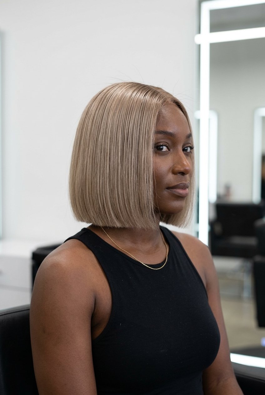 jaw-length blunt bob haircut in neutral beige blonde with sandy roots, pearl toner finish — minimalist edgy