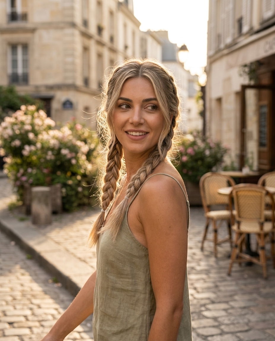 shoulder-length beige blonde French braids with ash lowlights and soft taper for effortless chic