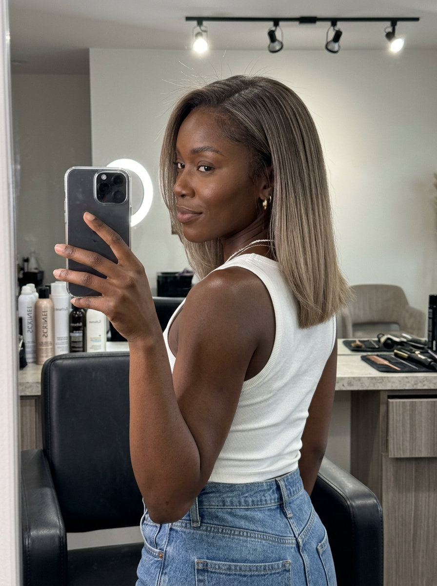 long beige ombre hair with mushroom brown to muted beige blonde, wet balayage — chic professional style