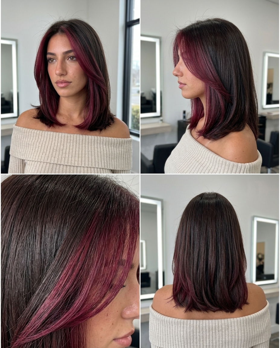 long layered haircut with berry burgundy face-framing highlights and dark espresso base for brunch