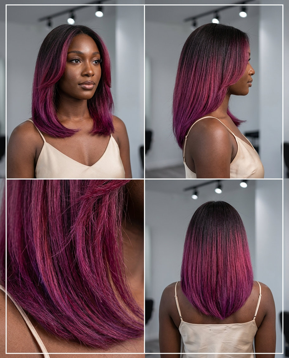long blunt cut hair with vibrant berry dip-dye, fuchsia-violet undertones, graphic color block — playful festival style