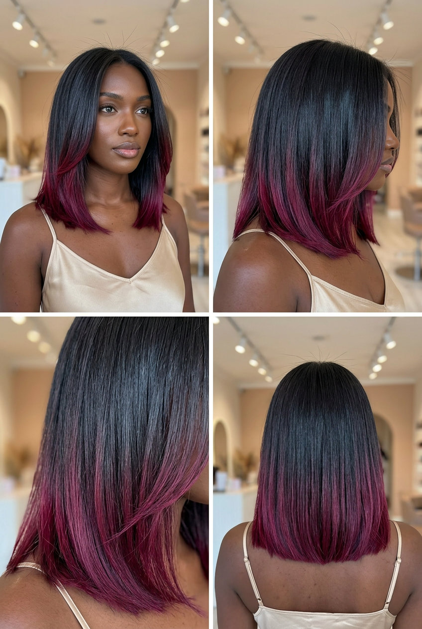 long blunt cut hair with vibrant berry magenta dip-dye, sharp color line, cool-toned ends — playful edgy look
