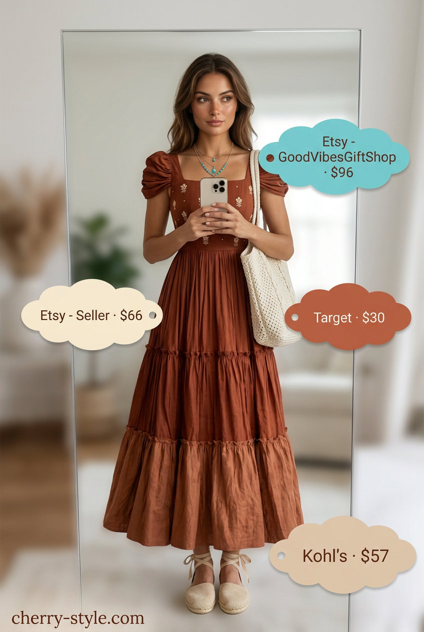 Best Summer Outfits for Every Body Type 2026: Terracotta tiered maxi dress for a boho festival or beach vacation.