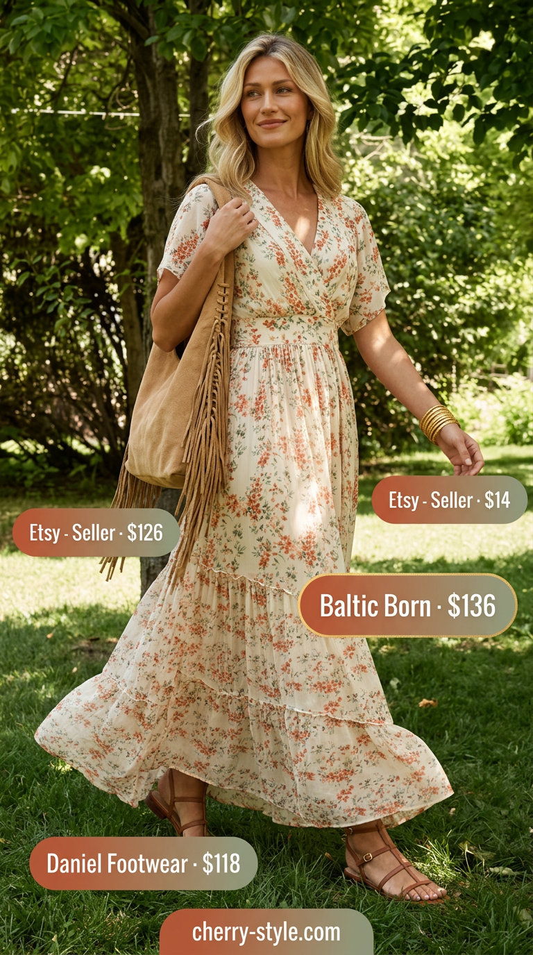 Best Summer Outfits for Every Body Type 2026: Boho maxi dress in cream with terracotta/sage print, gladiator sandals, and fringe bag.