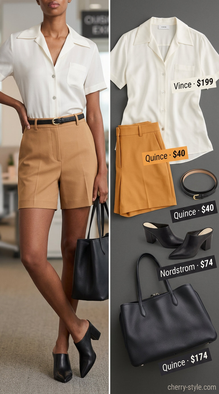 Camel Bermuda shorts and silk blouse for summer 2026 office casual. Sophisticated and chic.