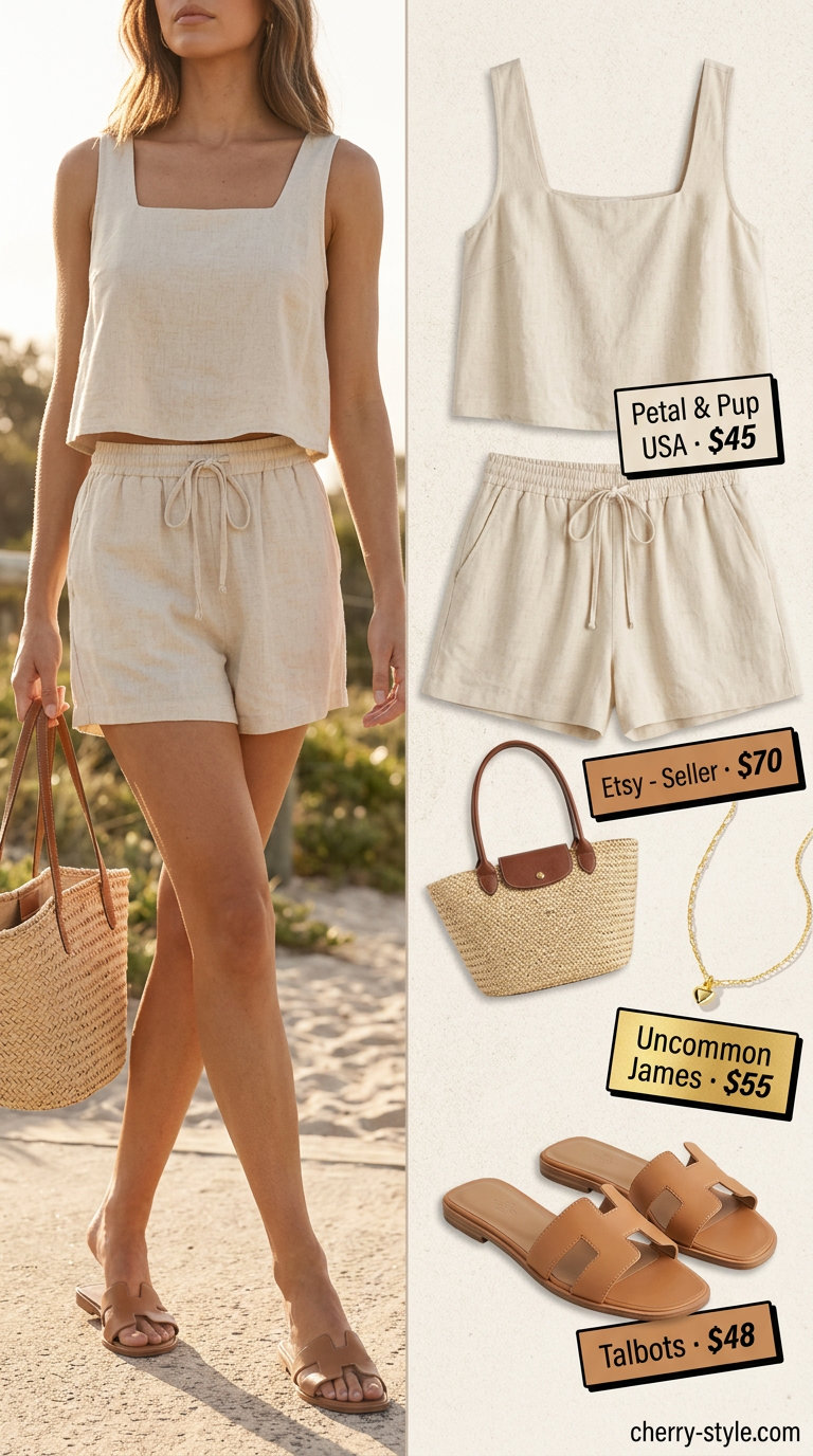Best Summer Outfits for Every Body Type 2026: Cream linen crop top and wide-leg pants set for a casual day out.