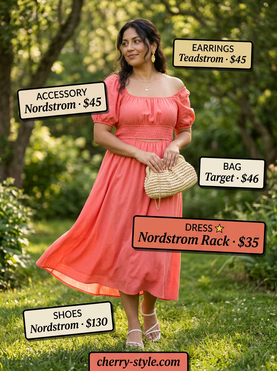 Best Summer Outfits for Every Body Type 2026: Coral tiered midi dress for a summer wedding guest or garden party.
