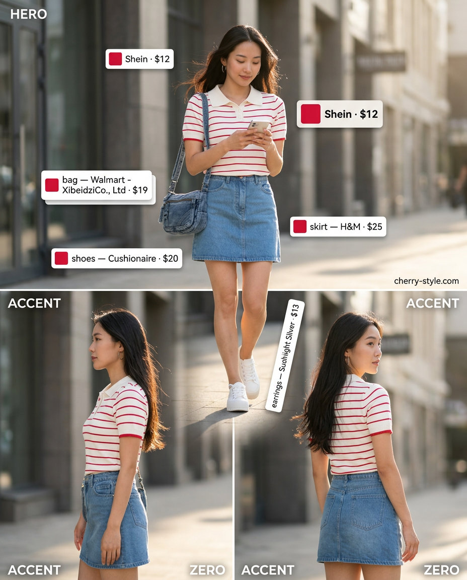 Denim mini skirt and striped top for summer 2026 casual days. Classic and youthful.