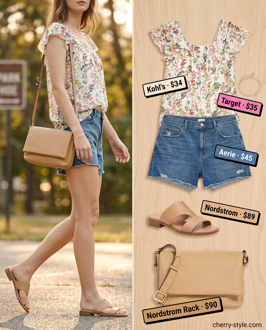 Best Summer Outfits for Every Body Type 2026: Pink floral blouse, denim shorts, tan slides, and crossbody bag for weekend casual.