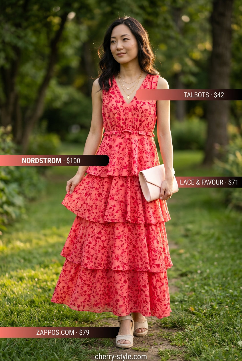 Best Summer Outfits for Every Body Type 2026: Coral floral maxi dress for a summer evening event or date night.