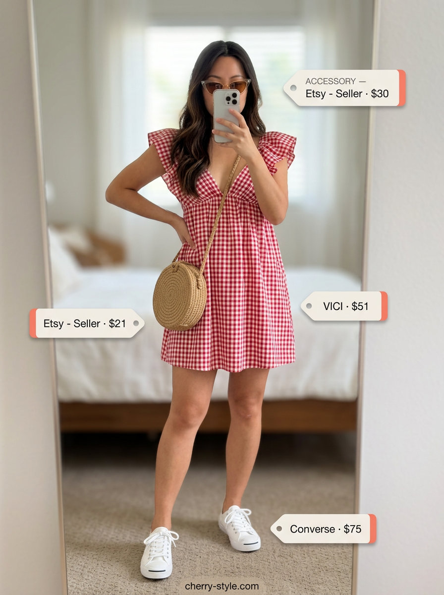 Best Summer Outfits for Every Body Type 2026: White and red gingham babydoll mini dress with sneakers and straw bag for a sunny day.