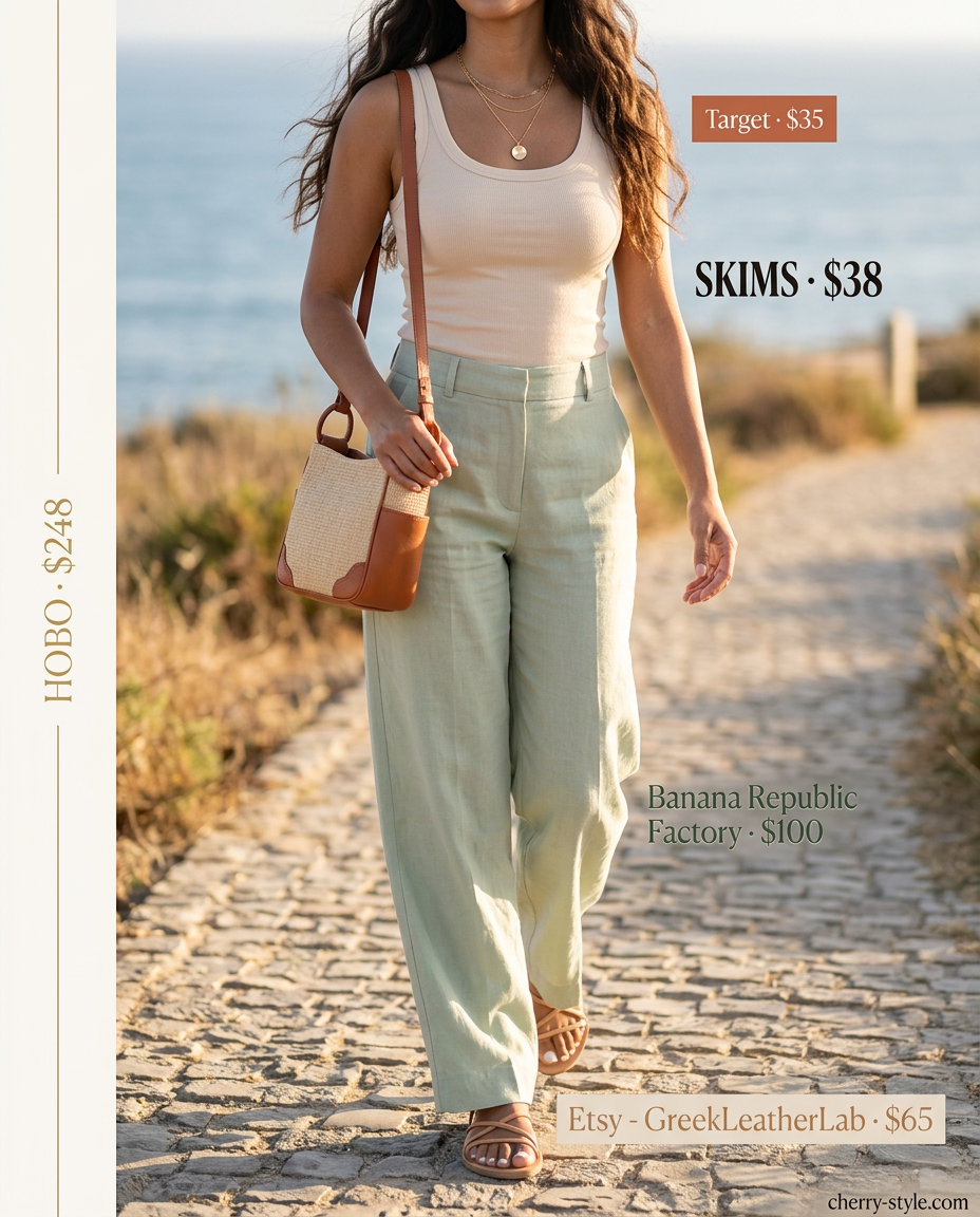 Best Summer Outfits for Every Body Type 2026: Sage green linen pants with cream tank top for a relaxed weekend look.
