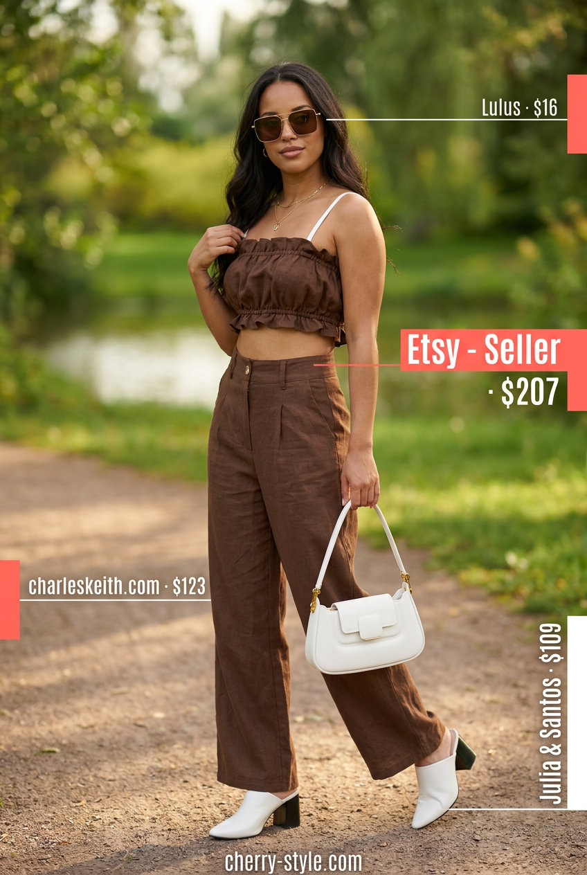 Best Summer Outfits for Every Body Type 2026: Camel linen co-ord set with white mules, structured bag, and gold sunglasses.